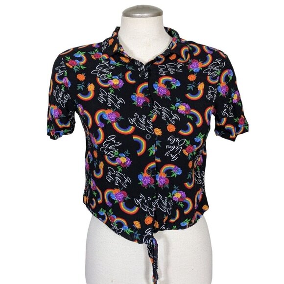Spencers Crop Top Womens Size Medium Black Floral Pride Rainbow Print Tie Front - Picture 2 of 7